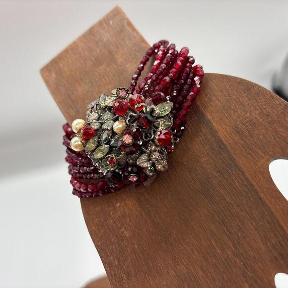 Vintage Signed EUGENE Haskell Multi Strand Ruby Beaded Bracelet Cluster Clasp - Picture 3 of 9